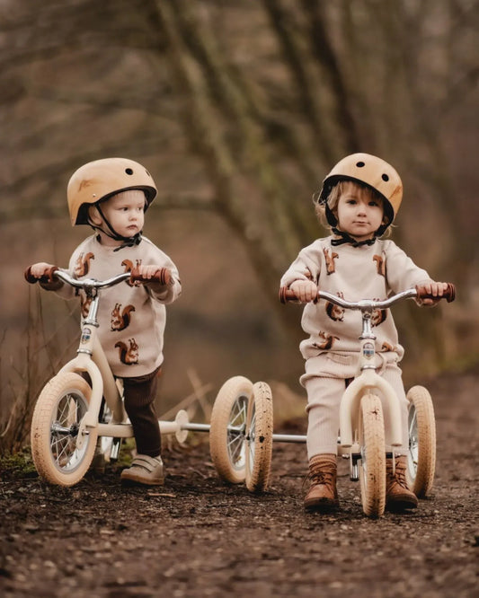 Deux enfants en pulls tricotés motif écureuil, casques, sur draisiennes crème en plein air